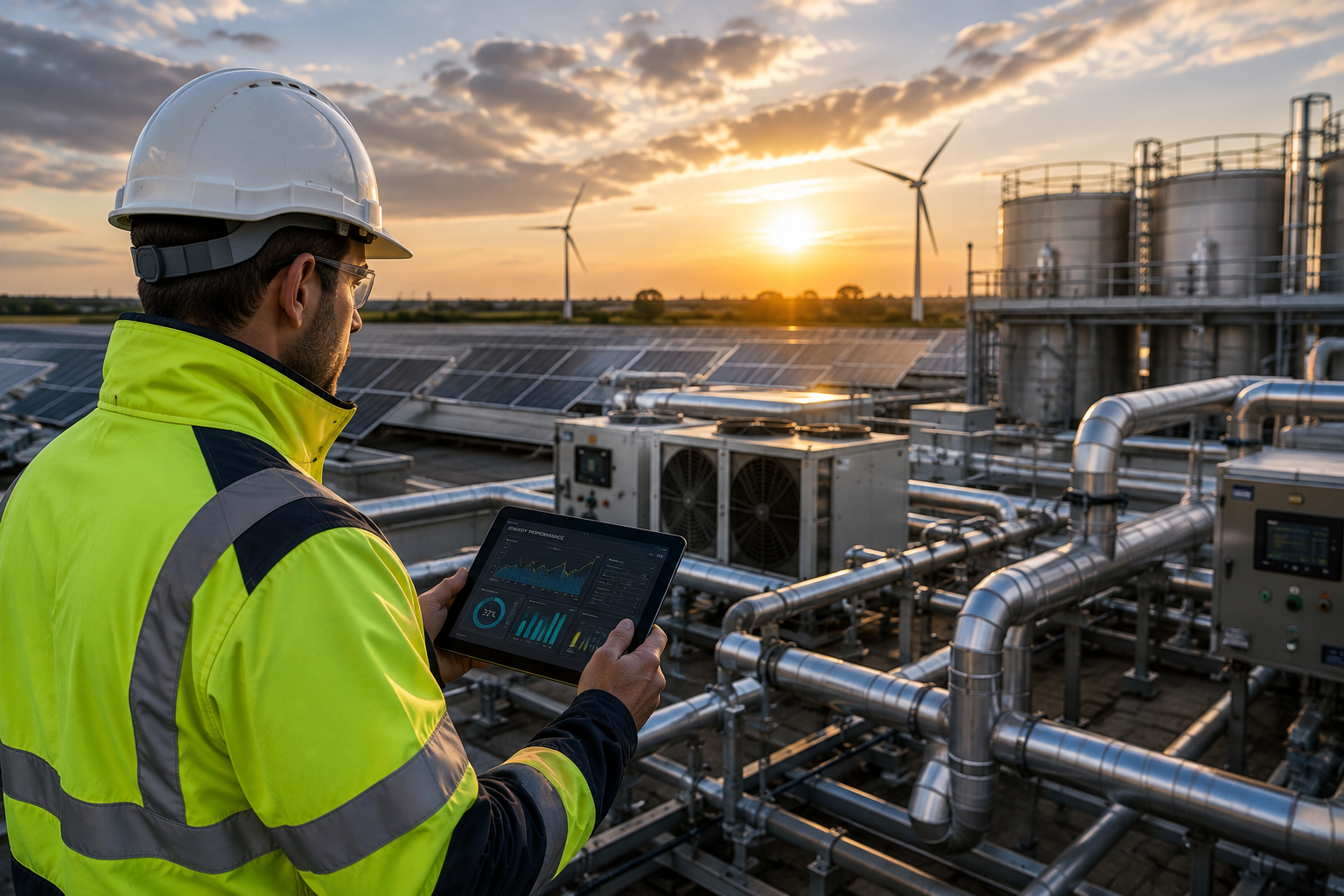 Engineer reviewing industrial energy and plant performance systems