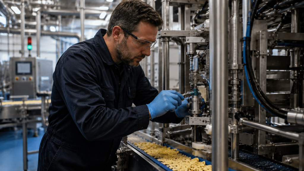 Food manufacturing engineer working on production equipment