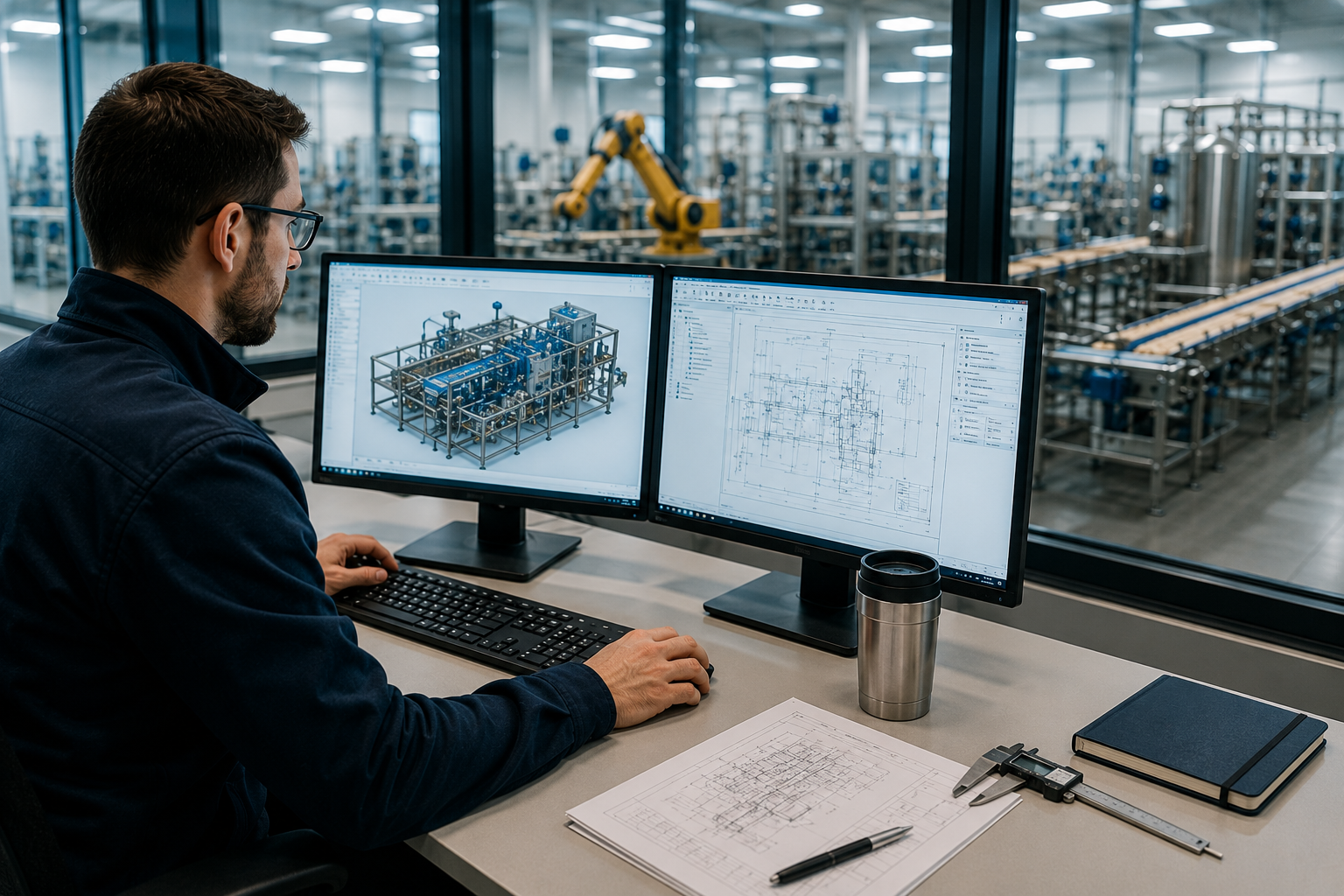 Engineer using CAD and technical drawings in a food manufacturing engineering environment