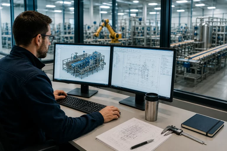 Engineer using CAD and technical drawings in a food manufacturing engineering environment
